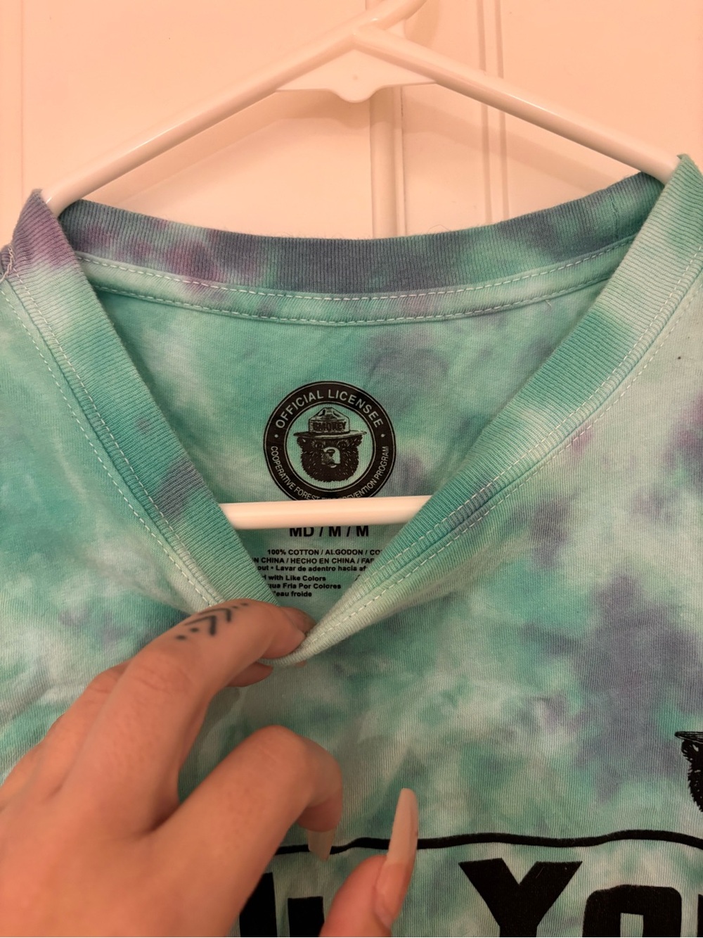 Smokey the Bear Tie-Dye Aqua & Purple Cropped Tee - Picture 4 of 4
